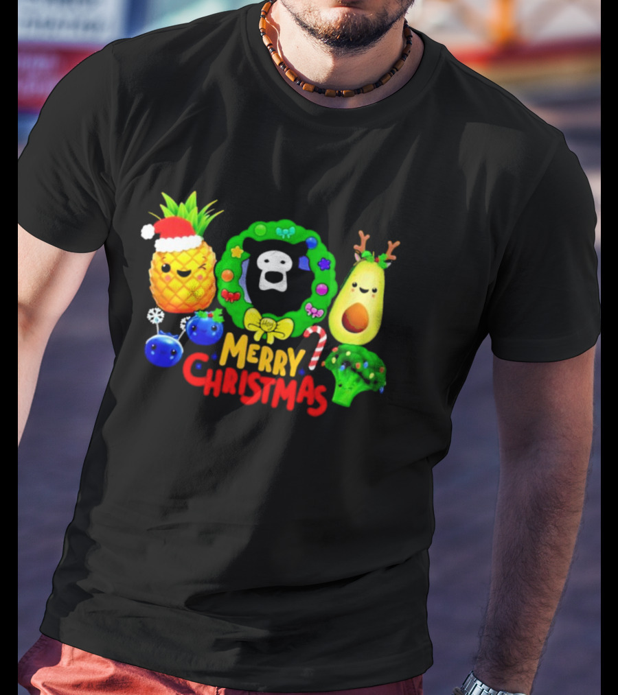 Hey Bear Sensory Merry Christmas Pineapple Avocado Broccoli Wreath T-Shirt