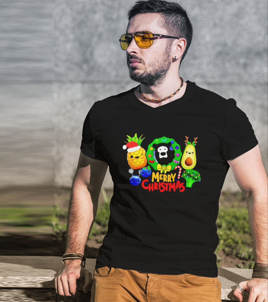 Hey Bear Sensory Merry Christmas Pineapple Avocado Broccoli Wreath T-Shirt