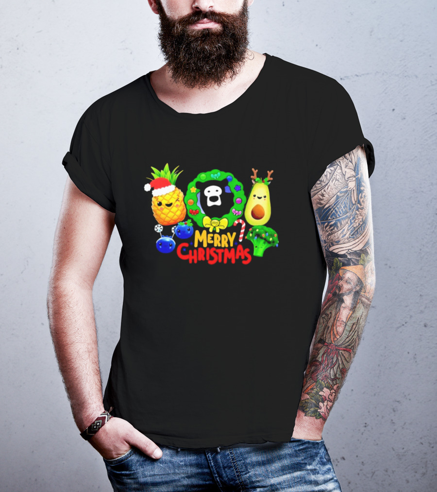Hey Bear Sensory Merry Christmas Pineapple Avocado Broccoli Wreath T-Shirt
