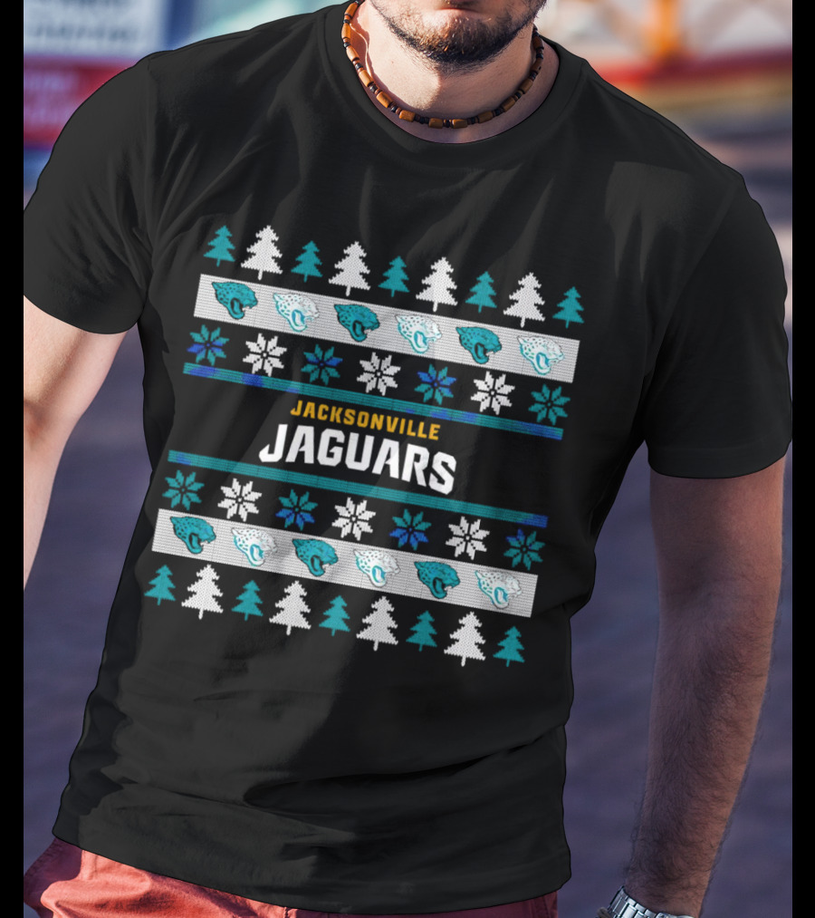 Jacksonville Jaguars Ugly Christmas Sweater Football Holiday Trees Snowflakes​​ T-Shirt