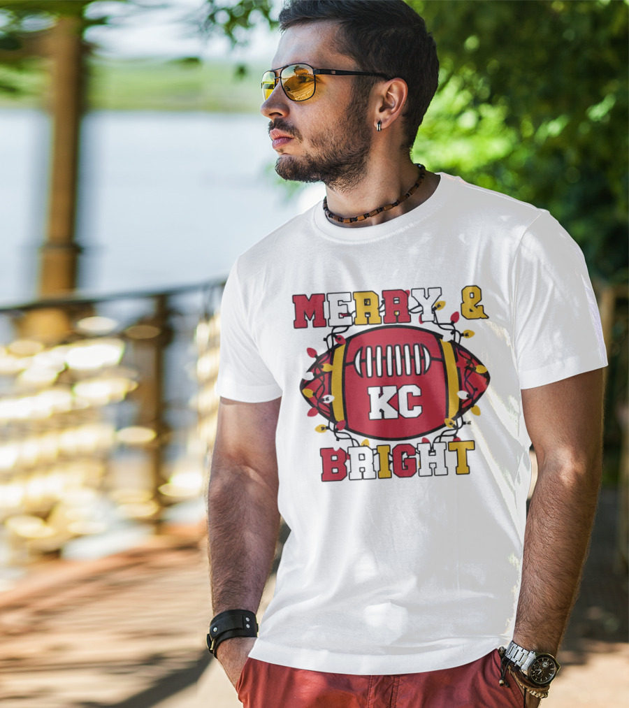 Kansas City Chiefs Merry And Bright Christmas KC Football Lights T-Shirt