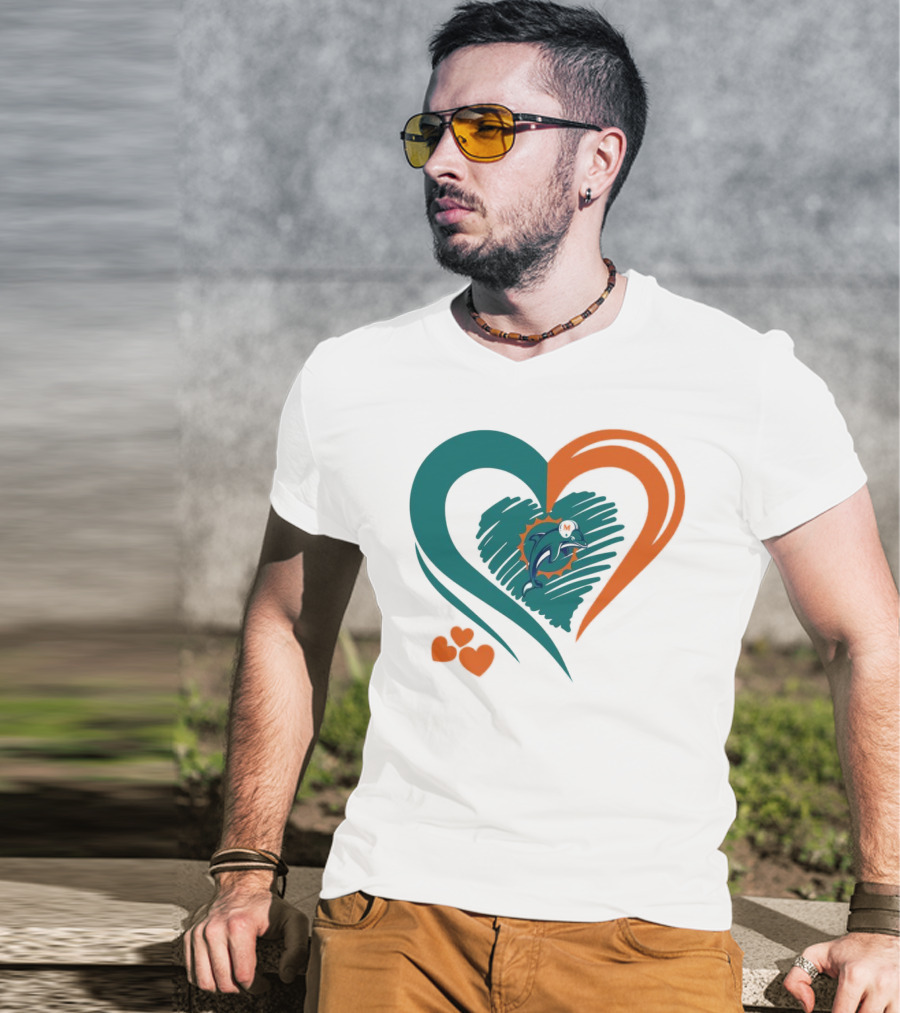 Miami Dolphins Heart Shape Emblem With Three Small Hearts T-Shirt