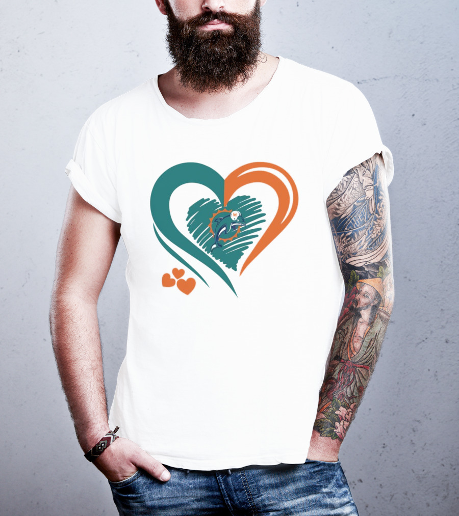 Miami Dolphins Heart Shape Emblem With Three Small Hearts T-Shirt