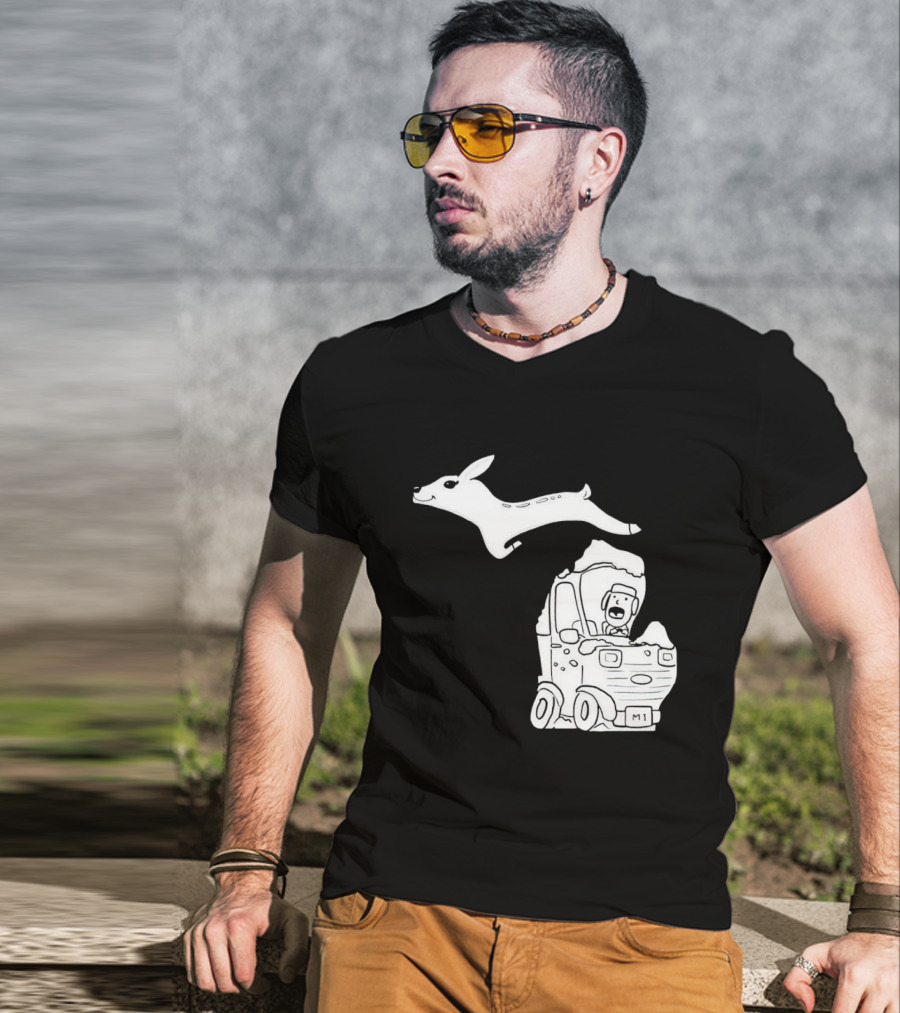 Michigan Deer Leaping Over Snowy Car With Driver T-Shirt