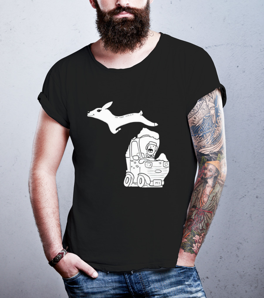 Michigan Deer Leaping Over Snowy Car With Driver T-Shirt