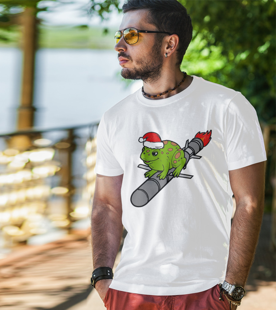Missile Toad Christmas Frog With Santa Hat Riding A Rocket T-Shirt