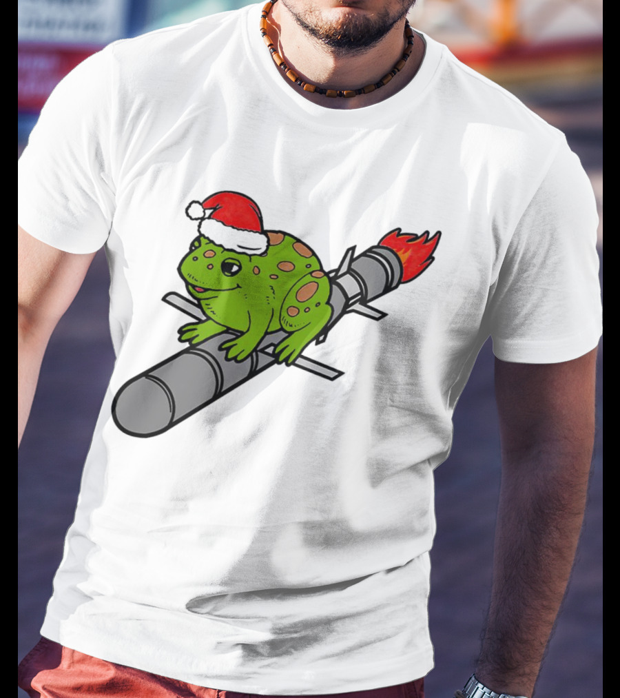Missile Toad Christmas Frog With Santa Hat Riding A Rocket T-Shirt