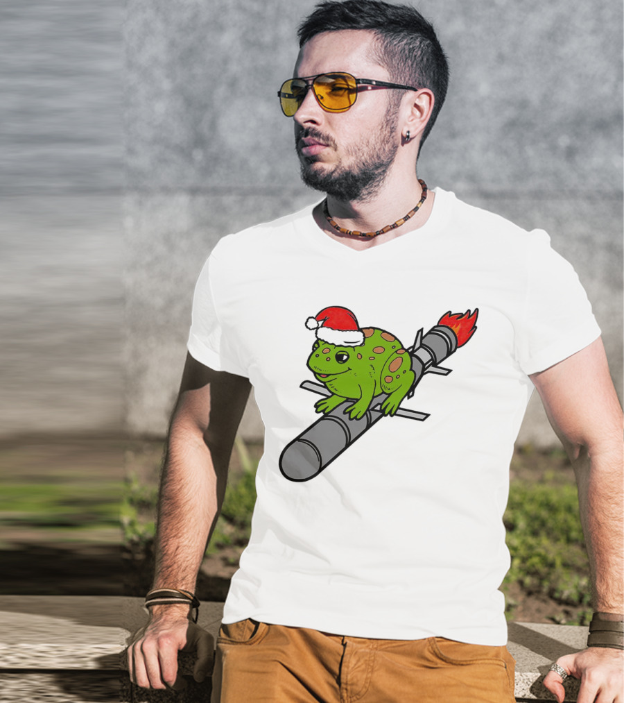 Missile Toad Christmas Frog With Santa Hat Riding A Rocket T-Shirt