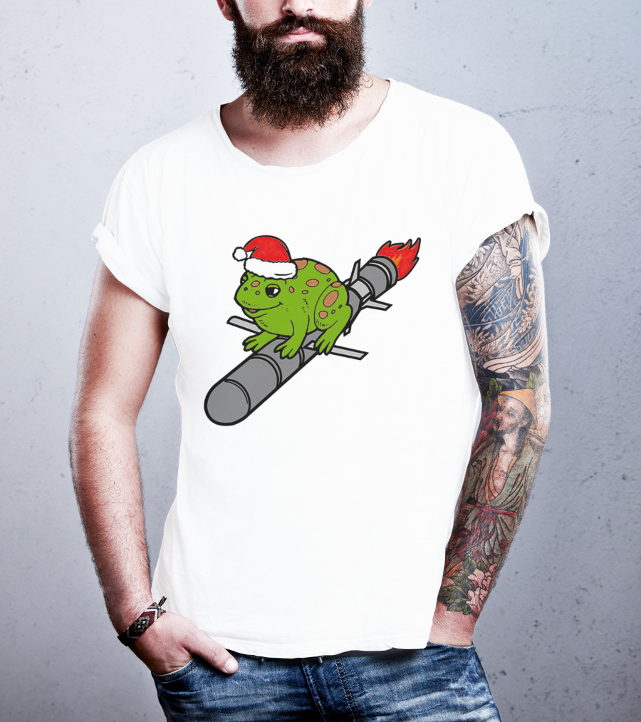Missile Toad Christmas Frog With Santa Hat Riding A Rocket T-Shirt