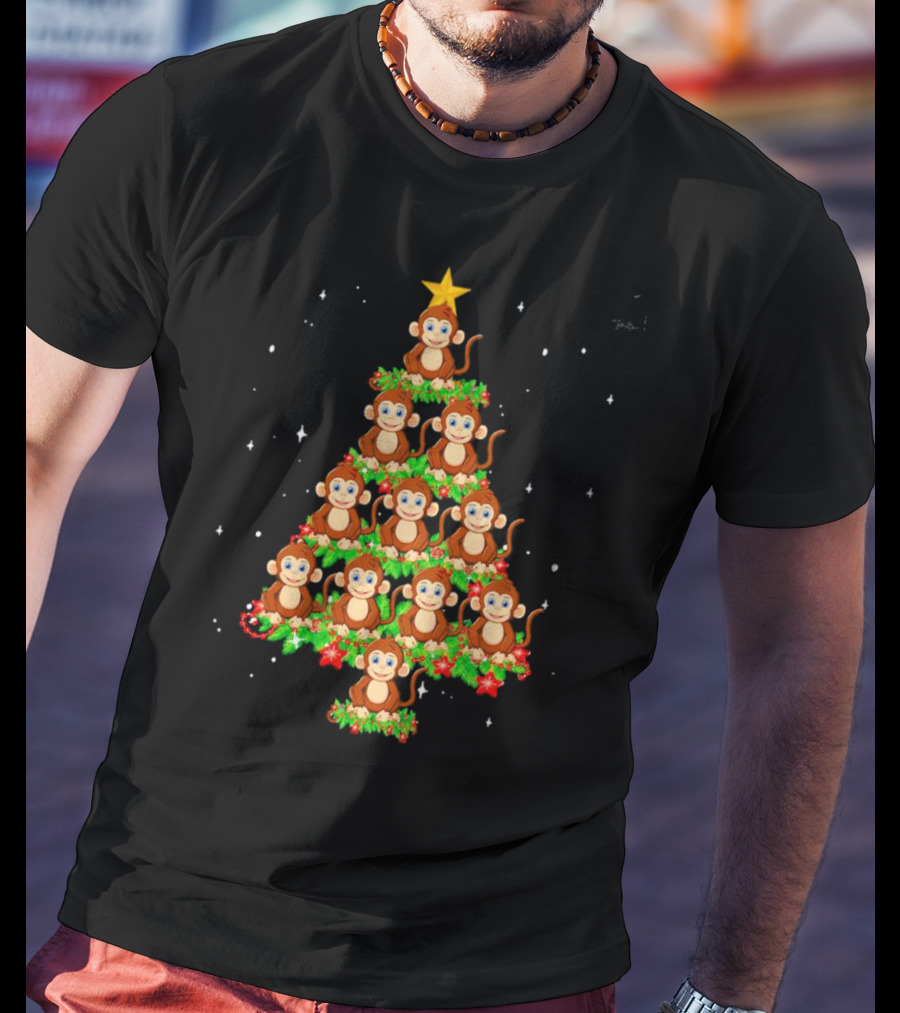 Monkey Christmas Tree Star Top Holiday Decor T-Shirt