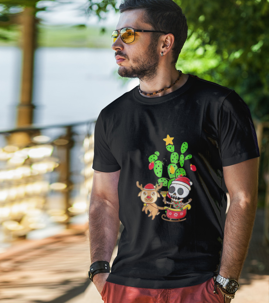 Nopalito Calacas Feliz Navidad Cactus Skeleton Reindeer Christmas T-Shirt