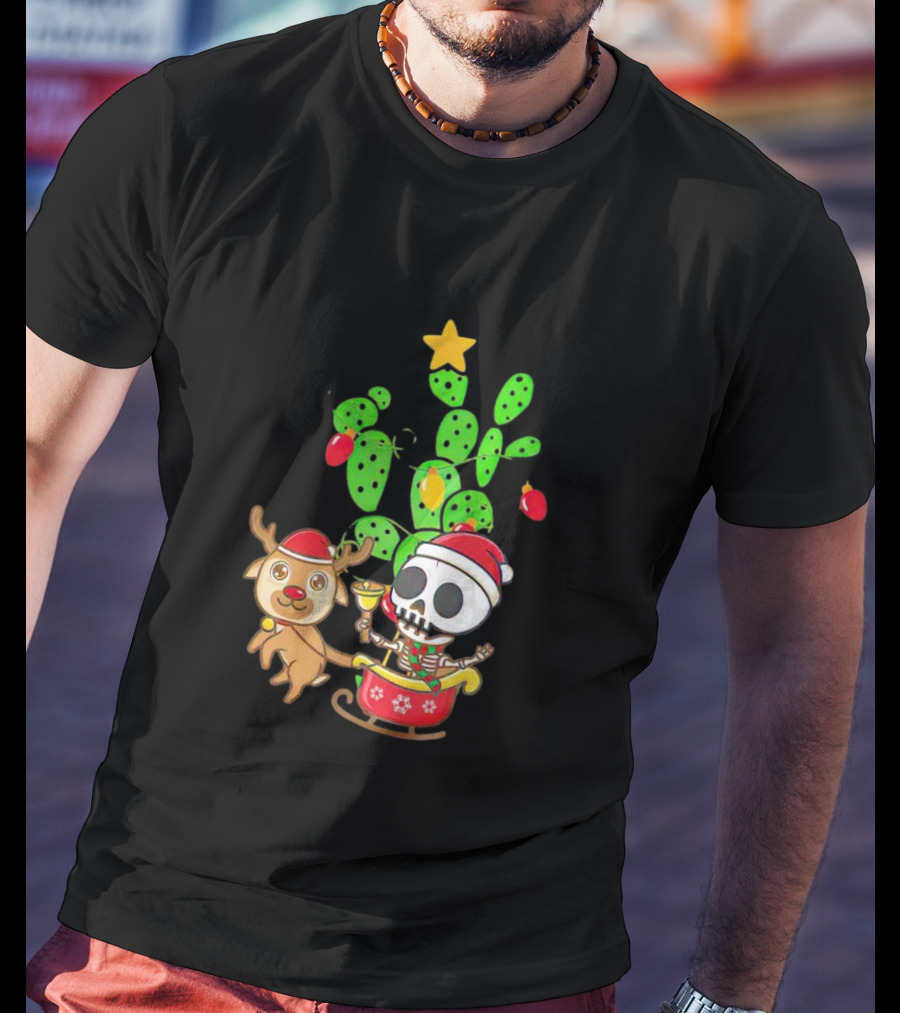 Nopalito Calacas Feliz Navidad Cactus Skeleton Reindeer Christmas T-Shirt