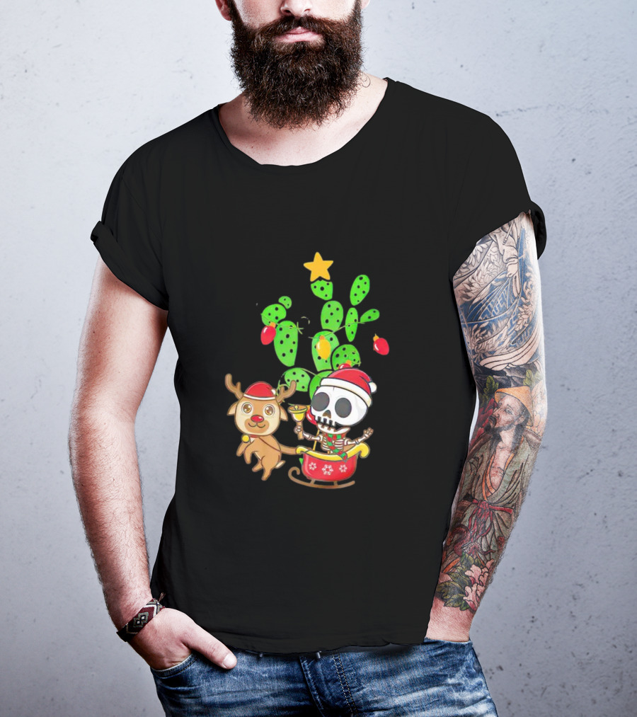 Nopalito Calacas Feliz Navidad Cactus Skeleton Reindeer Christmas T-Shirt