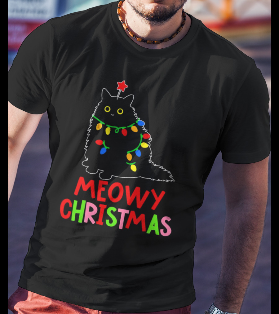 Meowy Christmas Black Cat With Lights T-Shirt