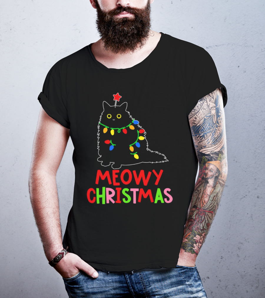 Meowy Christmas Black Cat With Lights T-Shirt
