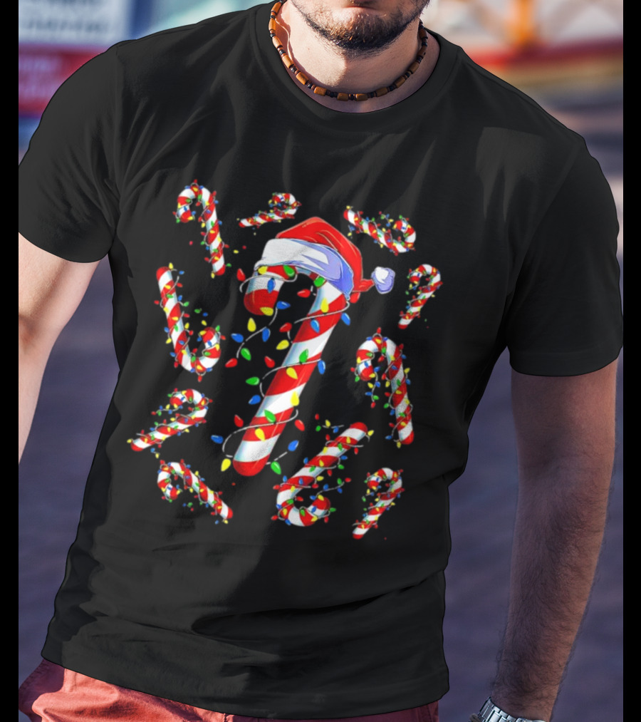 Candy Cane Santa Christmas Funny Xmas Lights Festive Decor T-Shirt