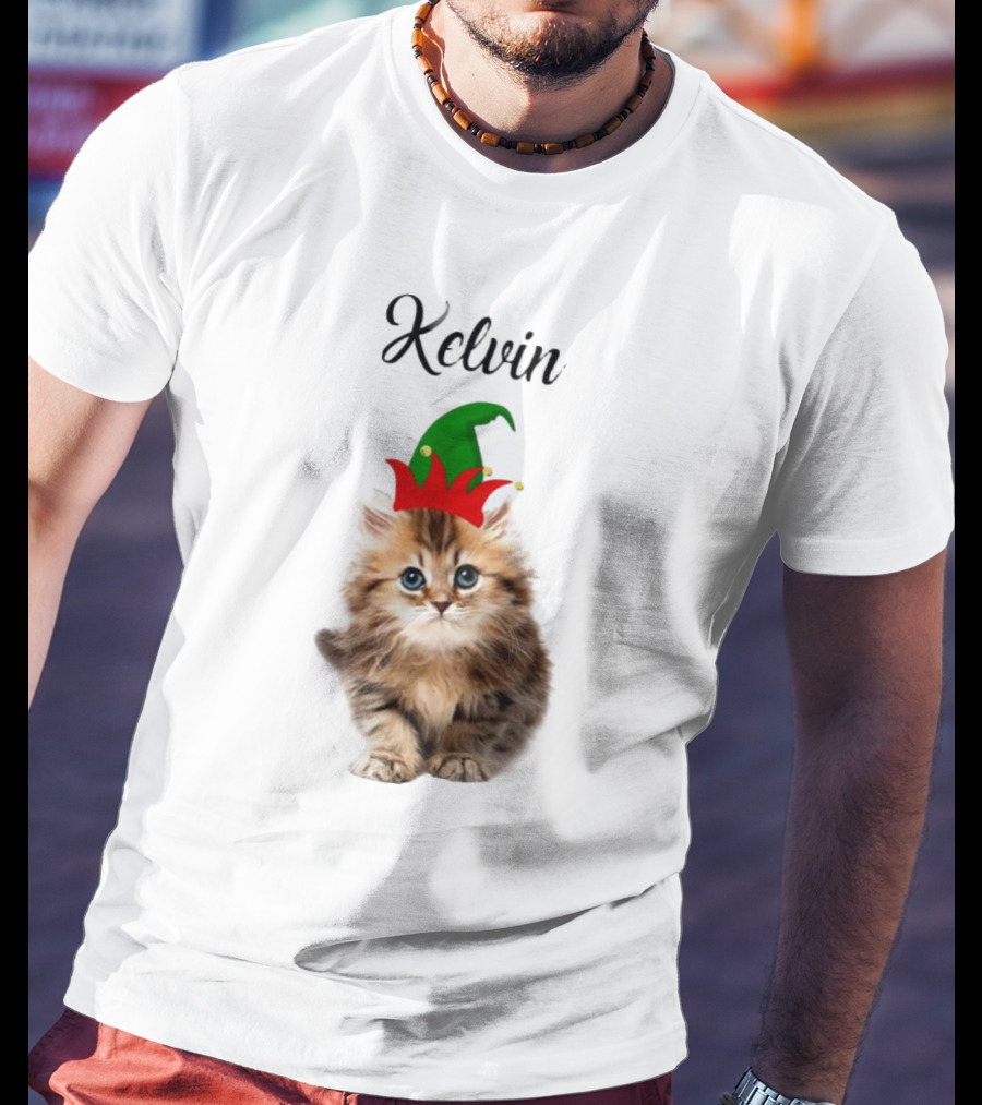 Kelvin Cat Wearing Elf Hat Merry Christmas Custom Name T-Shirt
