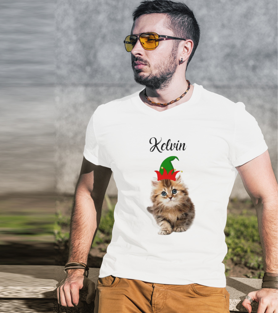 Kelvin Cat Wearing Elf Hat Merry Christmas Custom Name T-Shirt