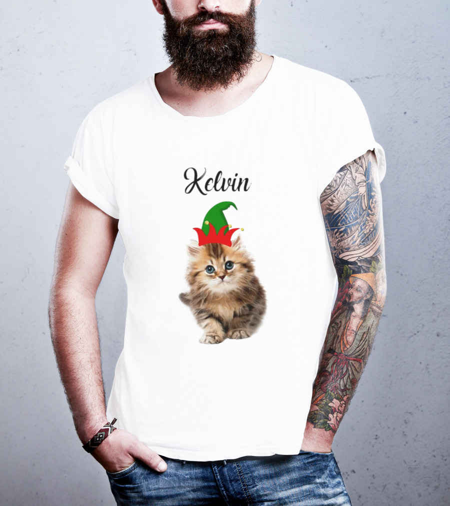 Kelvin Cat Wearing Elf Hat Merry Christmas Custom Name T-Shirt