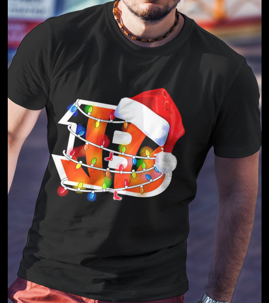 Cincinnati Bengals Christmas Lights Santa Hat Logo Holiday Football T-Shirt