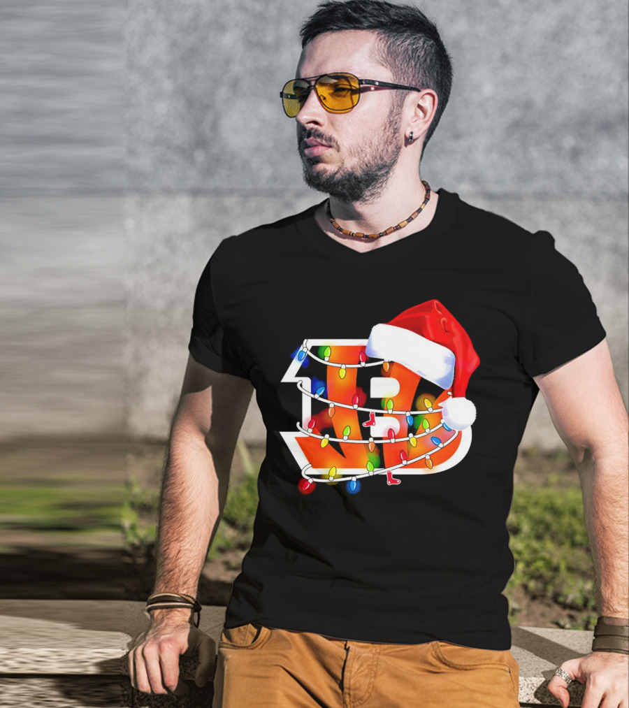 Cincinnati Bengals Christmas Lights Santa Hat Logo Holiday Football T-Shirt