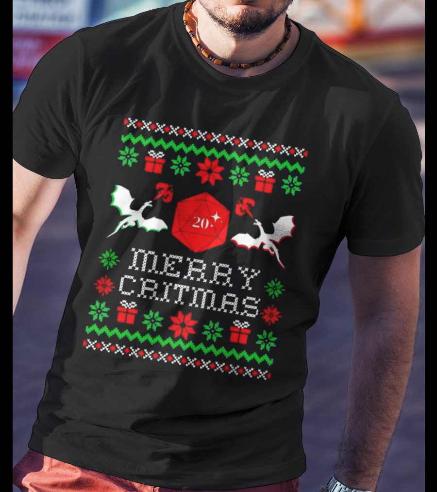 Merry Critmas Christmas Dragons With D20 Dice And Festive Decorations T-Shirt