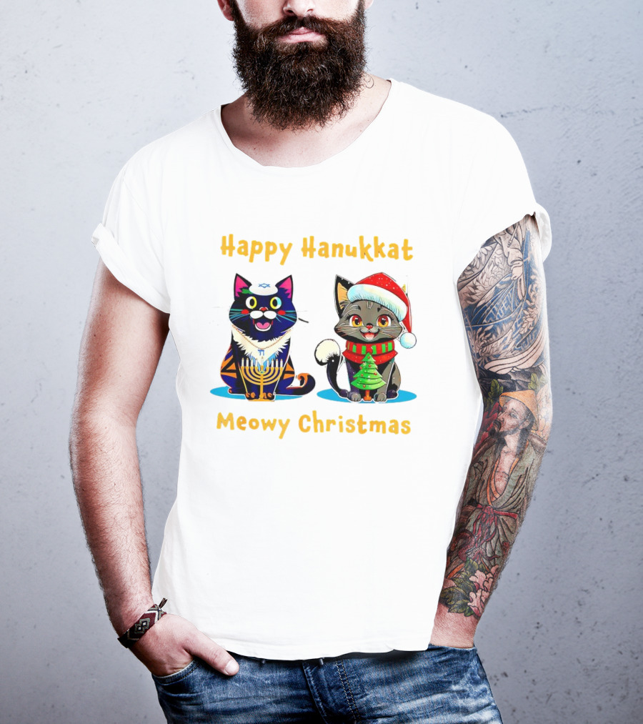 Happy Hanukkat Meowy Christmas Cats In Festive Holiday Attire T-Shirt