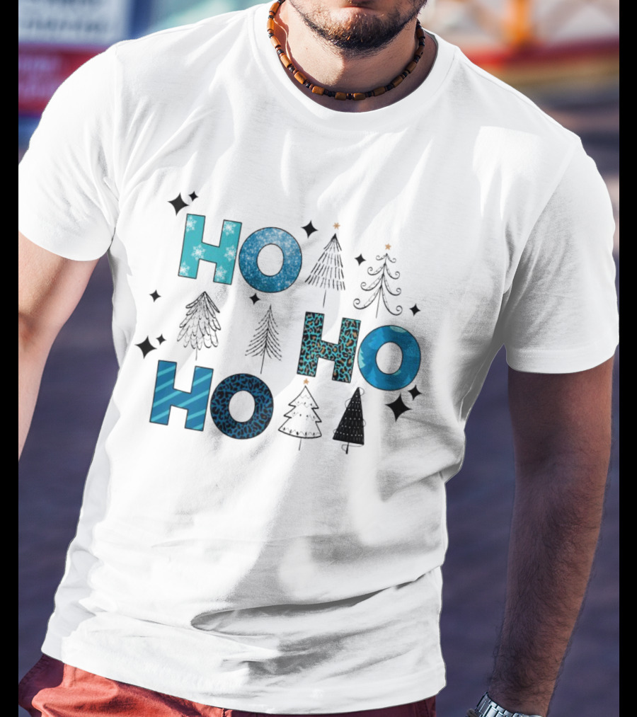 Hohoho Christmas Blue Patterns With Trees And Stars T-Shirt