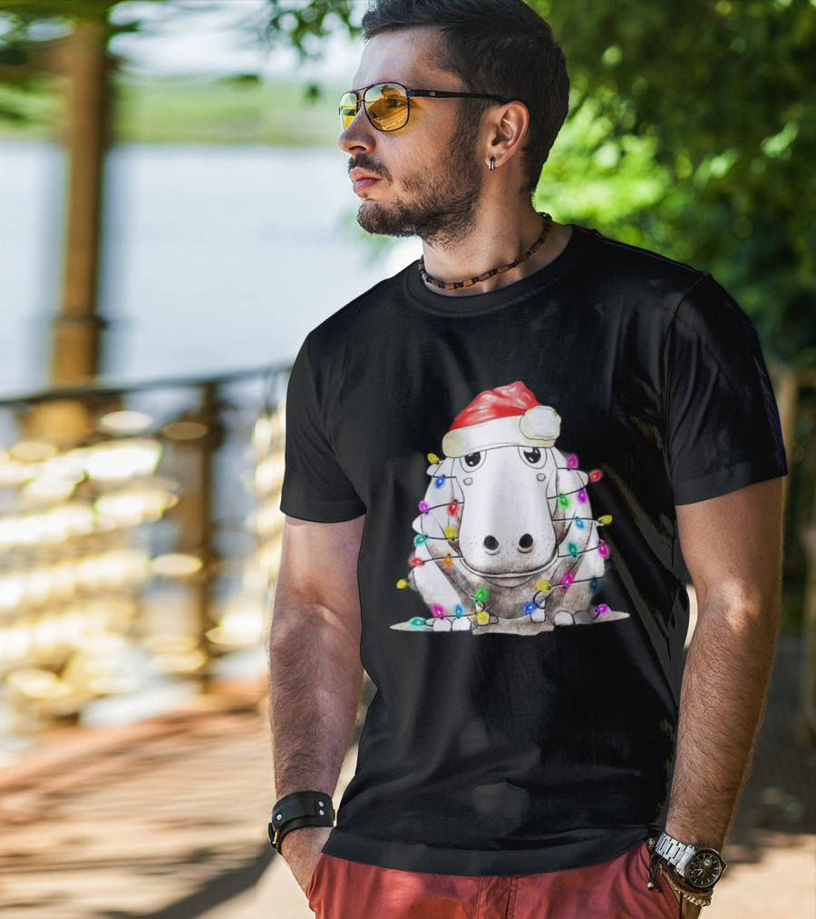 Santa Hippo Wrapped In Christmas Lights With Santa Hat T-Shirt