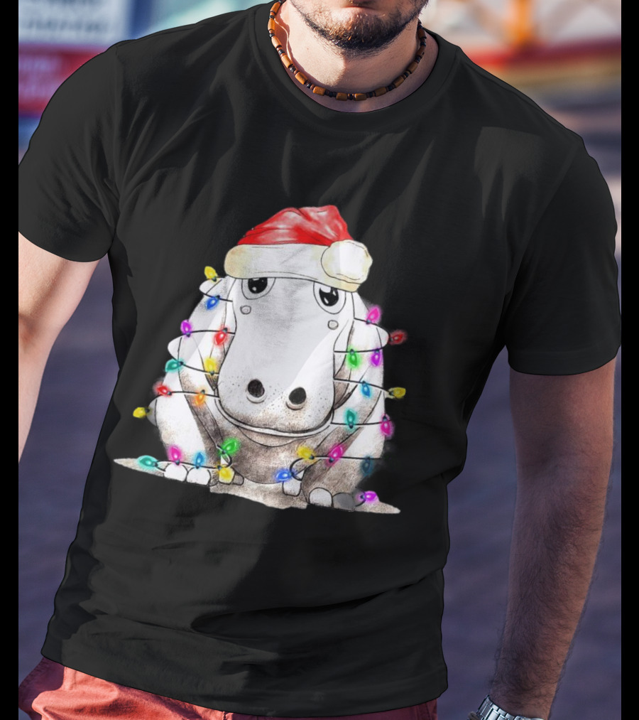 Santa Hippo Wrapped In Christmas Lights With Santa Hat T-Shirt