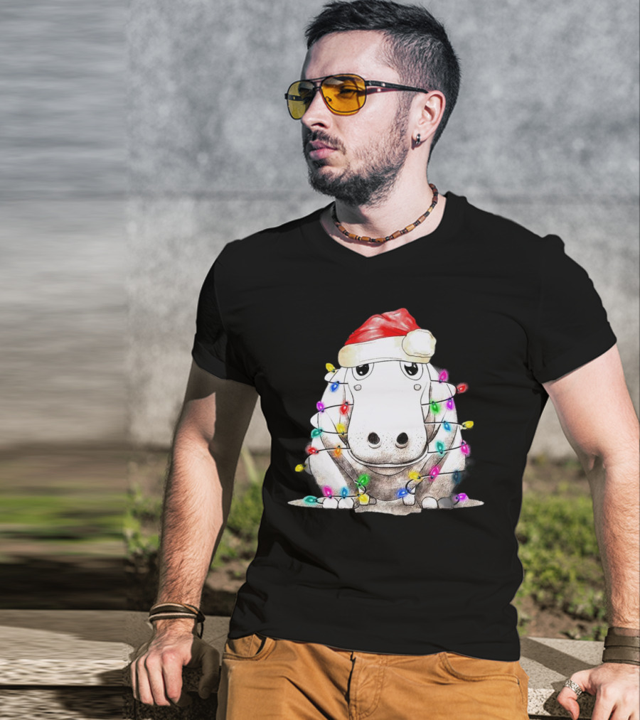 Santa Hippo Wrapped In Christmas Lights With Santa Hat T-Shirt