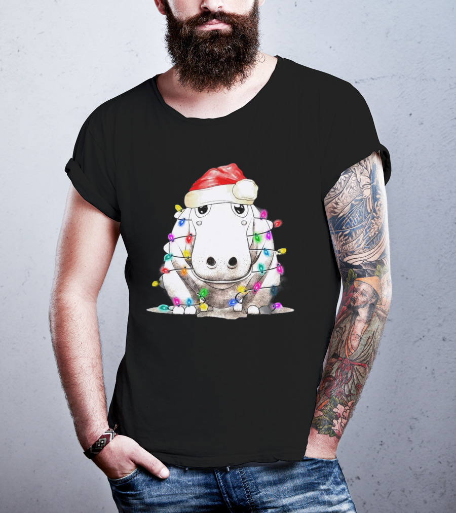 Santa Hippo Wrapped In Christmas Lights With Santa Hat T-Shirt