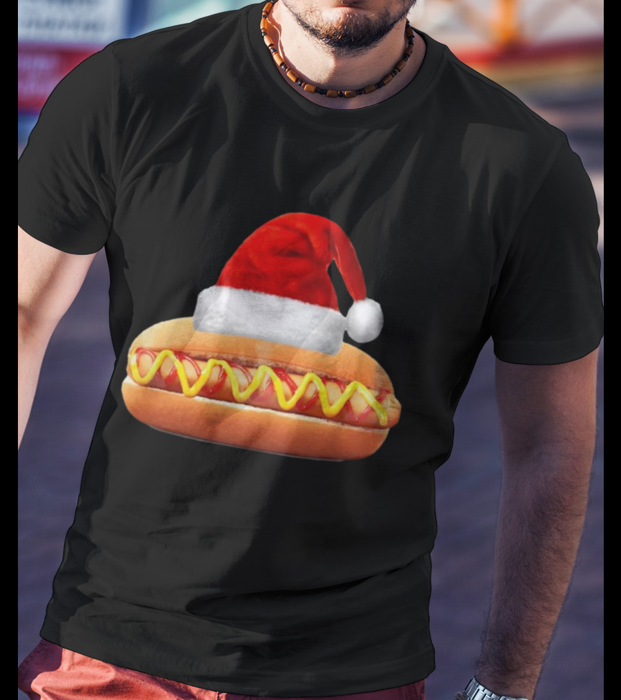 Santa Hat Hot Dog Christmas Family Dinner T-Shirt