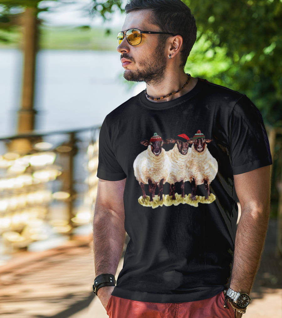 Merry Christmas Santa Sheep Trio With Festive Hats T-Shirt