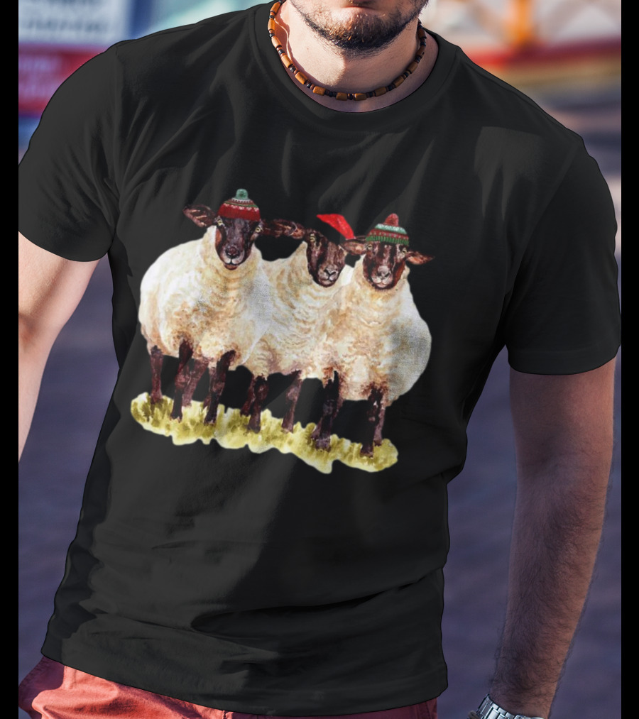 Merry Christmas Santa Sheep Trio With Festive Hats T-Shirt
