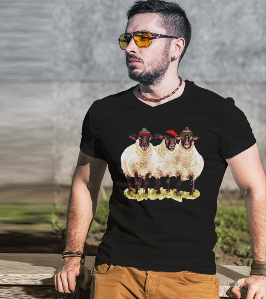 Merry Christmas Santa Sheep Trio With Festive Hats T-Shirt