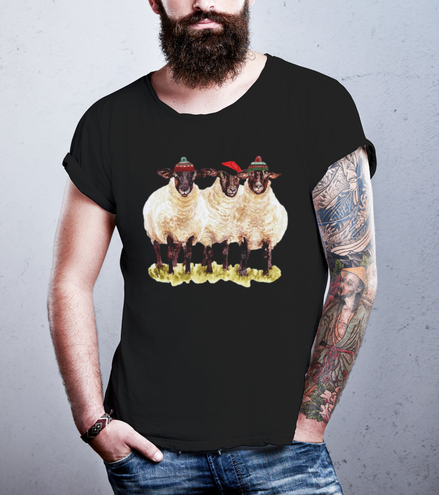 Merry Christmas Santa Sheep Trio With Festive Hats T-Shirt