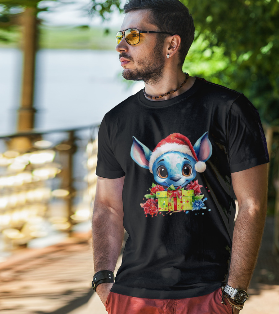 Santa Stitch Holiday Cheer With Christmas Present And Santa Hat T-Shirt