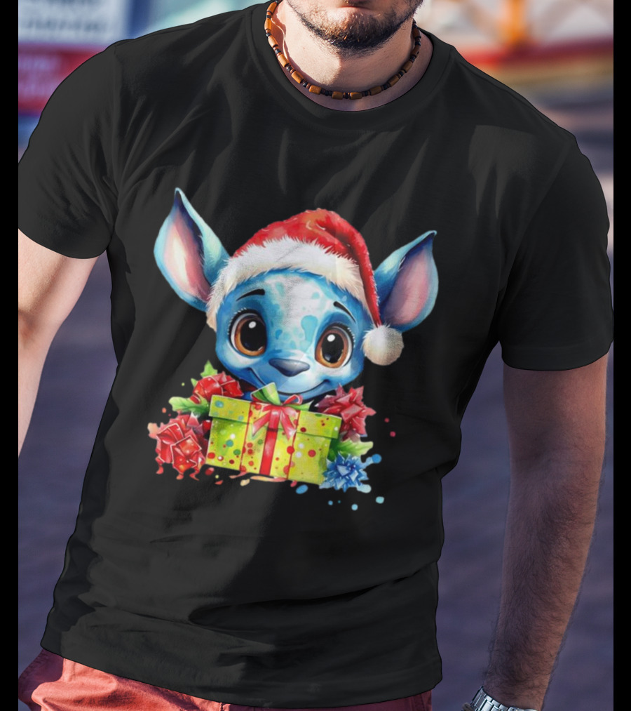 Santa Stitch Holiday Cheer With Christmas Present And Santa Hat T-Shirt