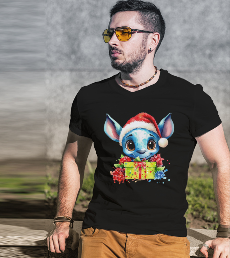 Santa Stitch Holiday Cheer With Christmas Present And Santa Hat T-Shirt
