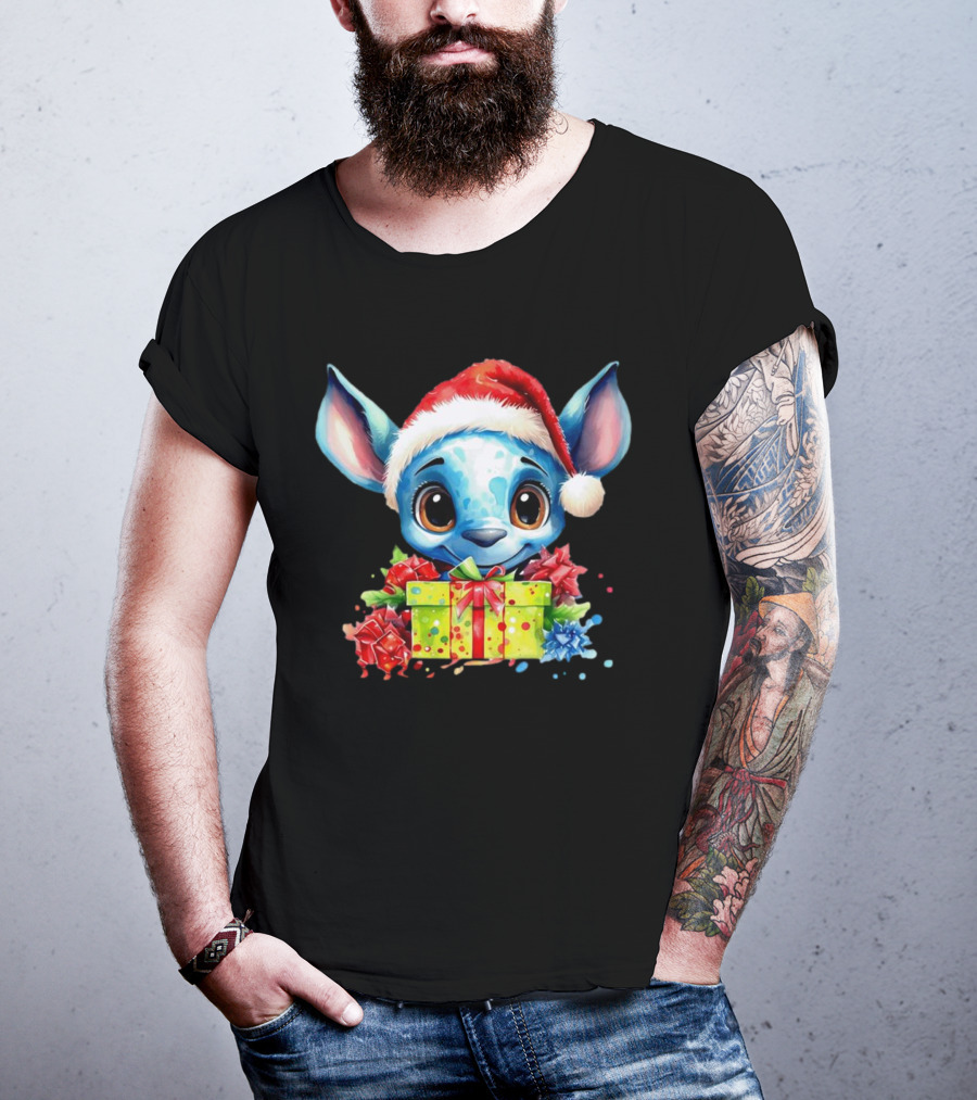 Santa Stitch Holiday Cheer With Christmas Present And Santa Hat T-Shirt
