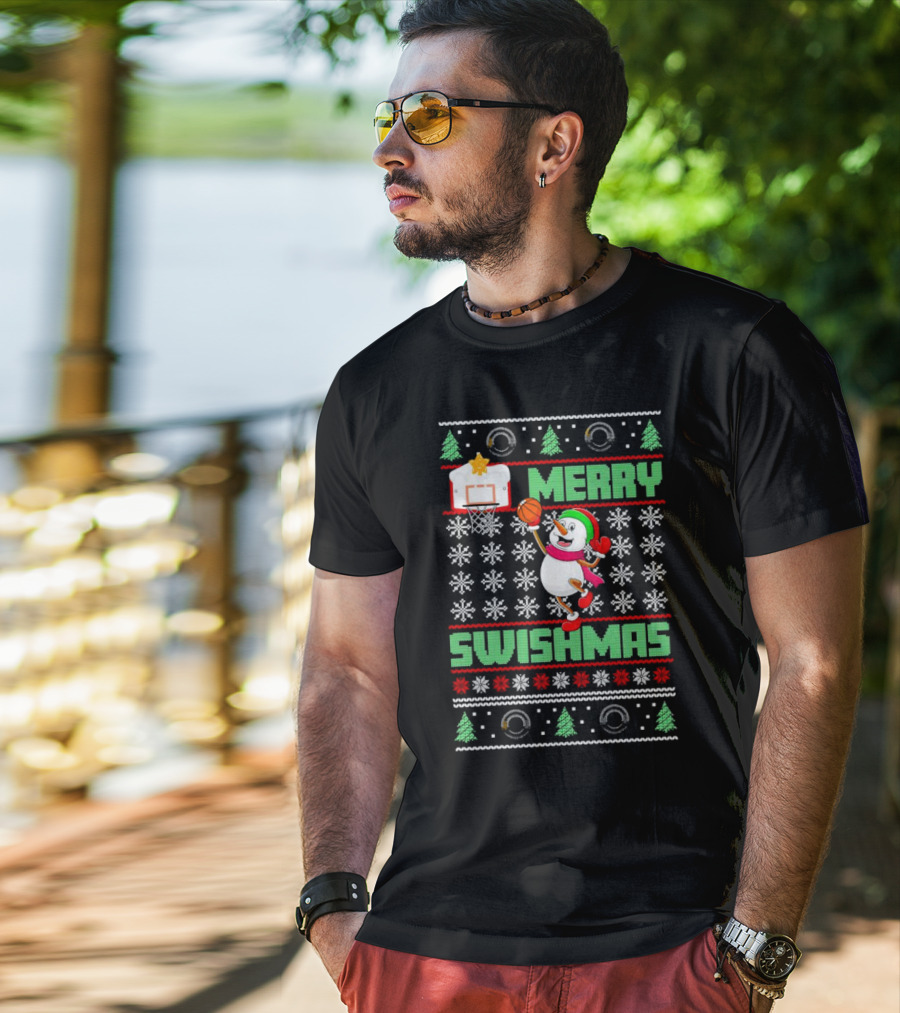 Merry Swishmas Snowman Playing Basketball Holiday T-Shirt