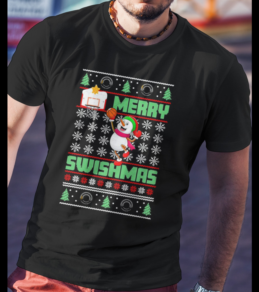 Merry Swishmas Snowman Playing Basketball Holiday T-Shirt