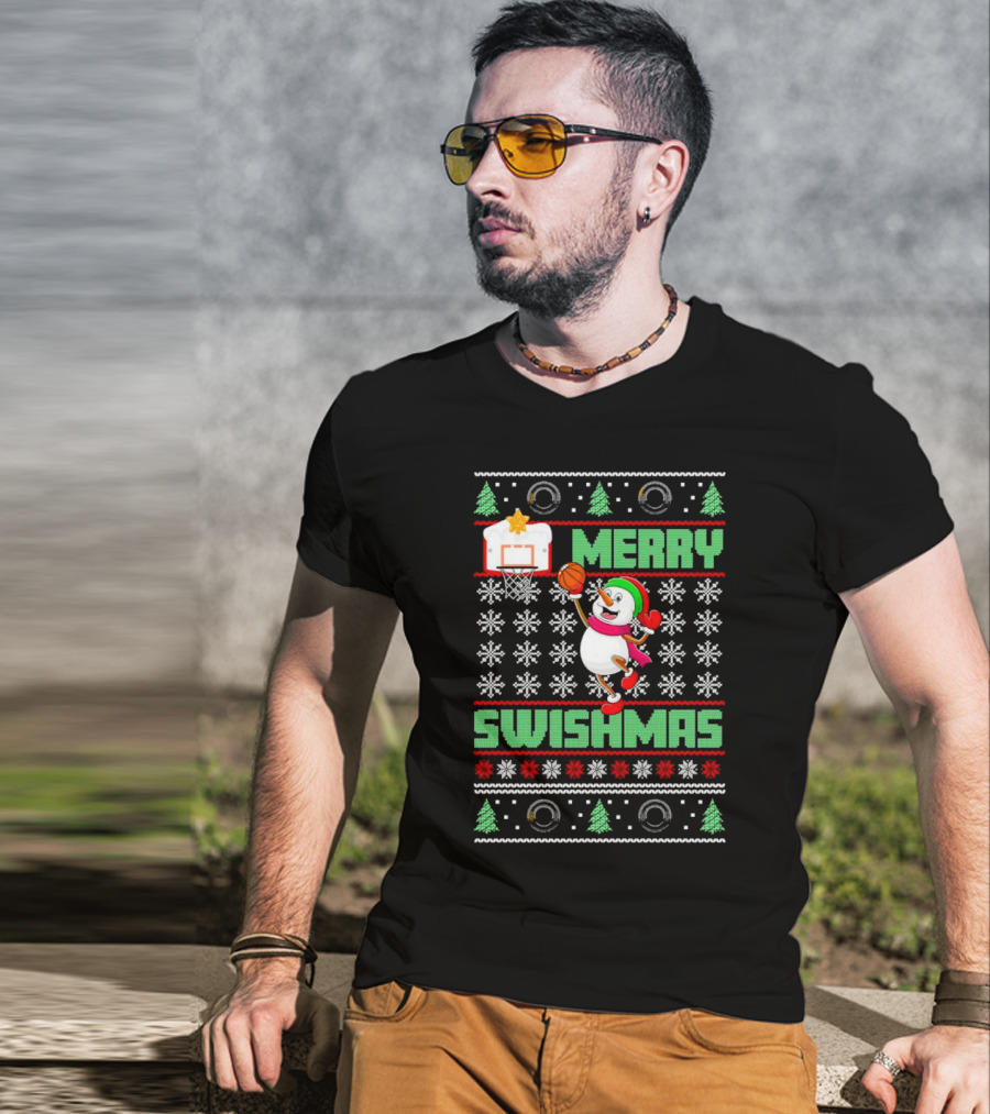 Merry Swishmas Snowman Playing Basketball Holiday T-Shirt