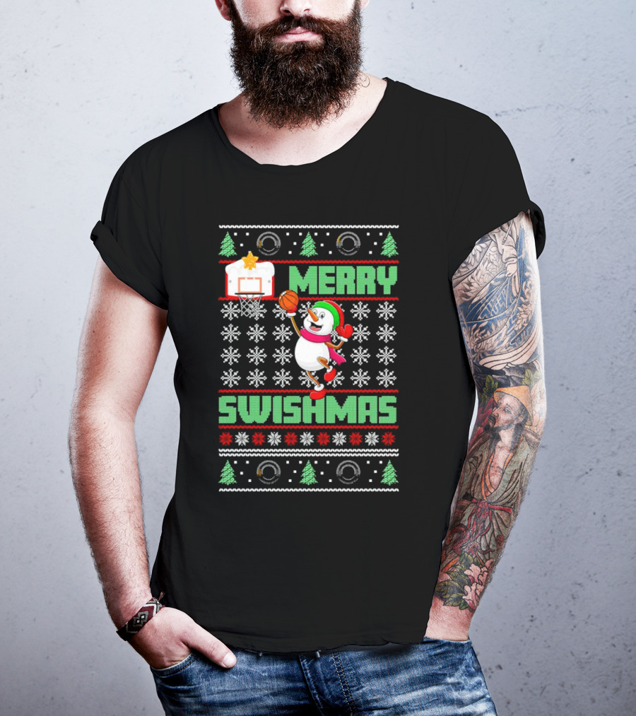 Merry Swishmas Snowman Playing Basketball Holiday T-Shirt