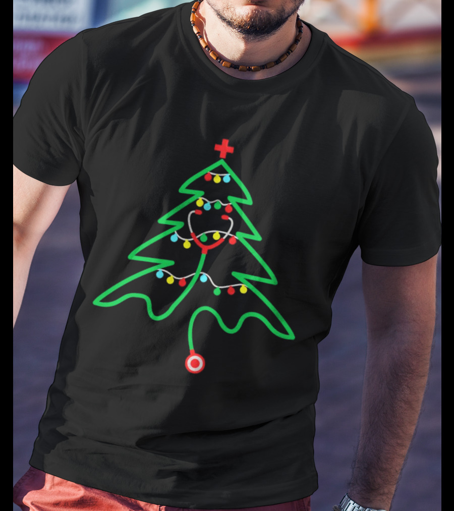 Stethoscope Shaped Christmas Tree With Holiday Lights T-Shirt