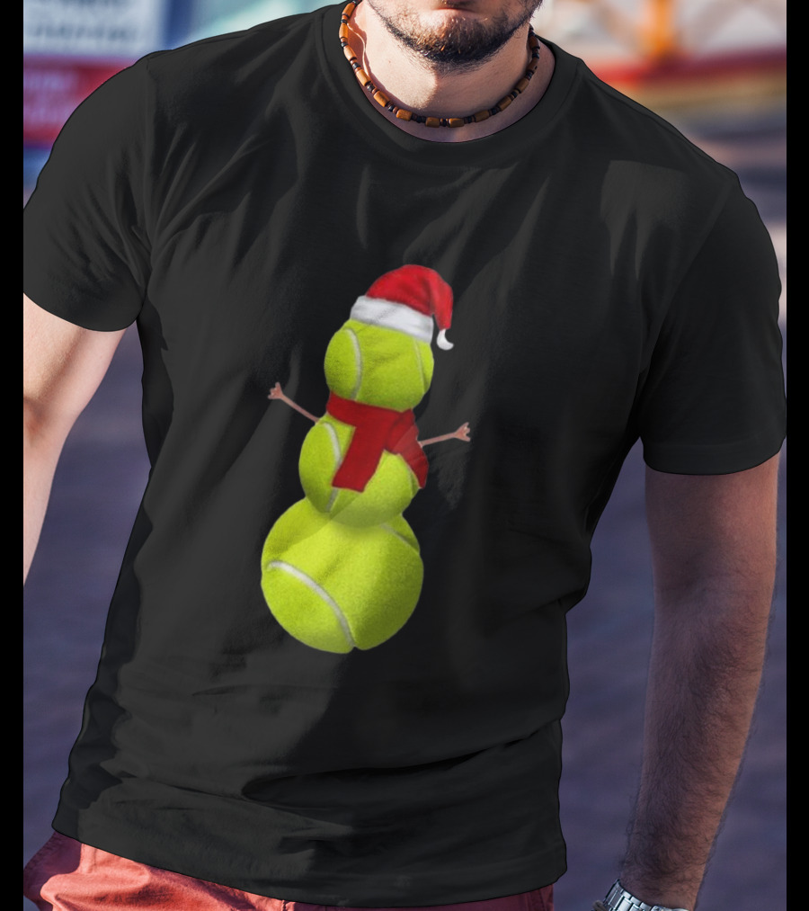 Tennis Ball Snowman With Santa Hat And Scarf Merry Christmas T-Shirt