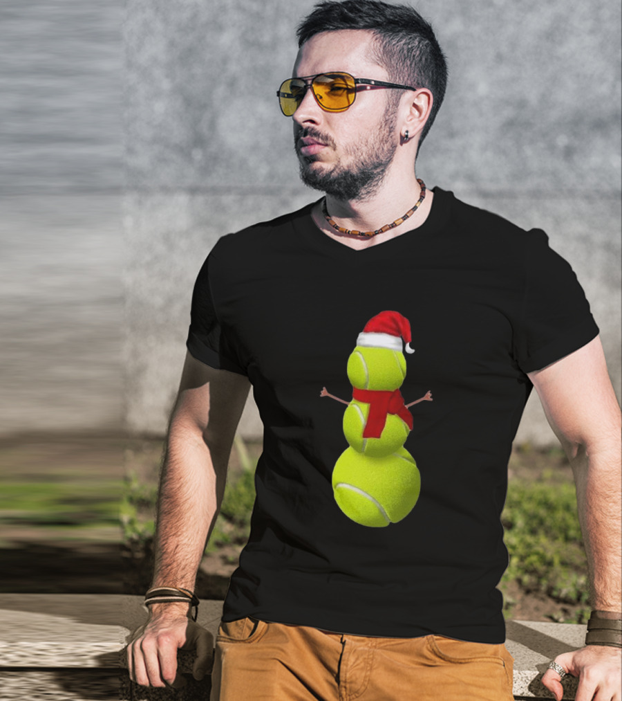 Tennis Ball Snowman With Santa Hat And Scarf Merry Christmas T-Shirt