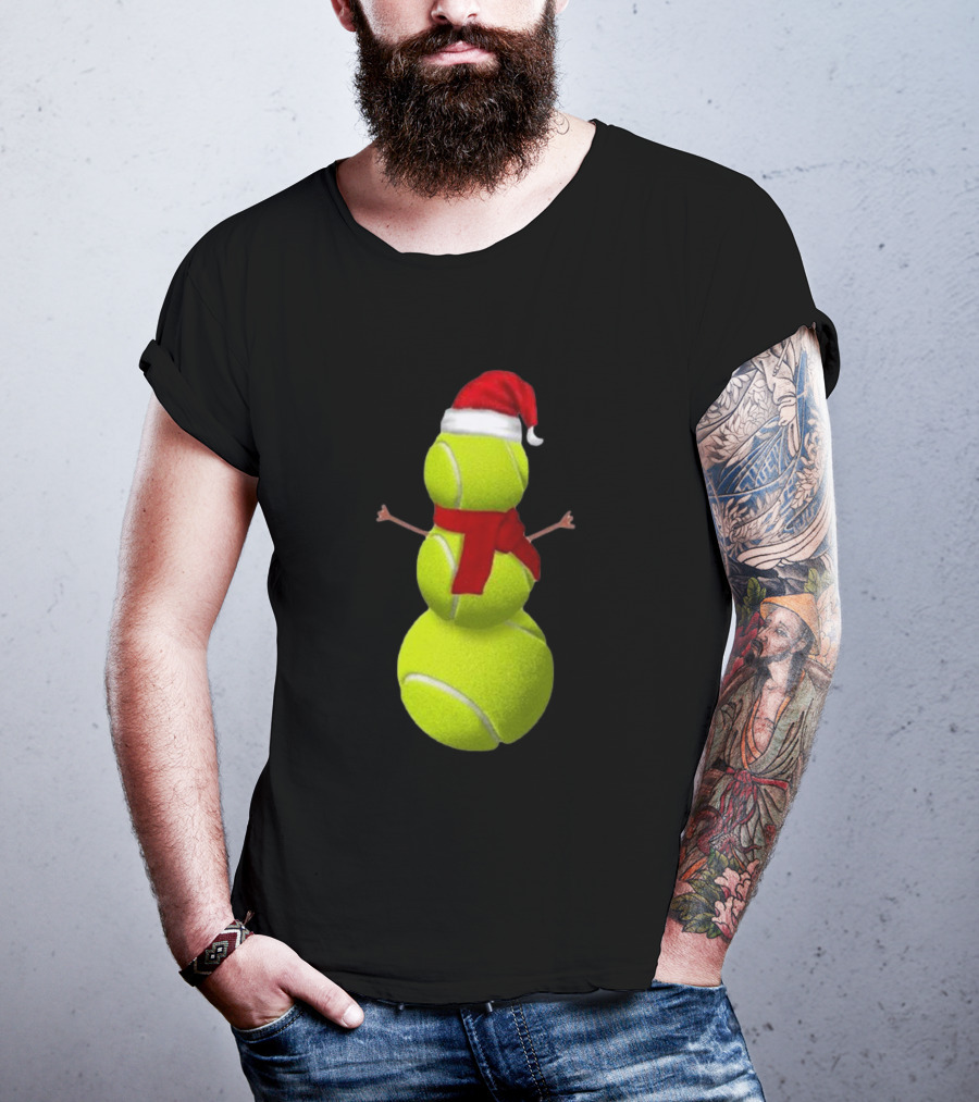 Tennis Ball Snowman With Santa Hat And Scarf Merry Christmas T-Shirt