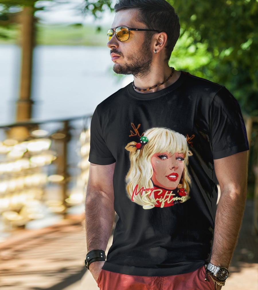Merry Swiftmas Christmas Reindeer Antlers Bluscious Red Lips Holiday T-Shirt